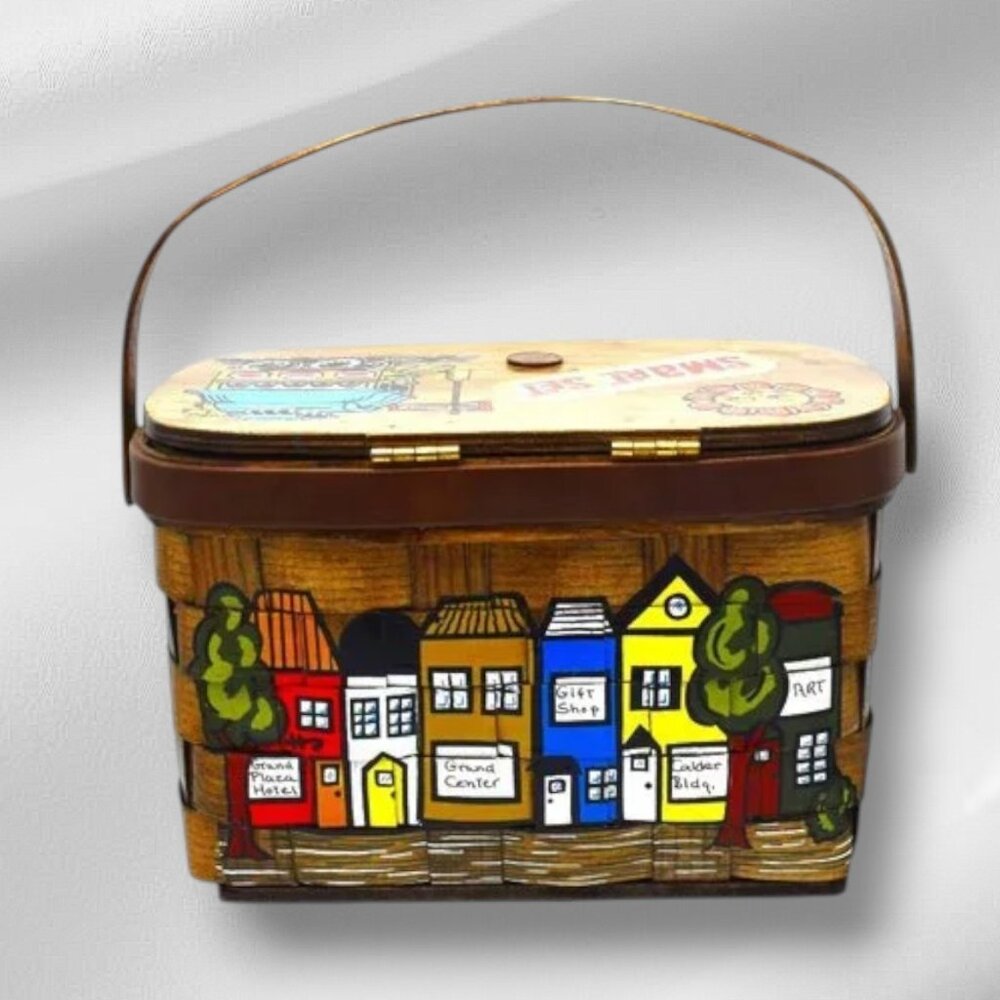 Vintage MCM Caro-Nan Basket Purse Signed Grand Rapids Streetscape Hand Painted